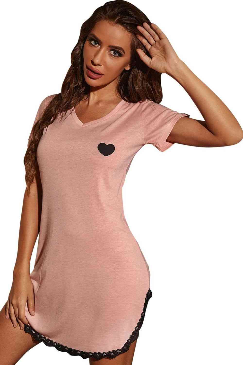 Heart Graphic Lace Trim Night Dress Jassorted Orange S