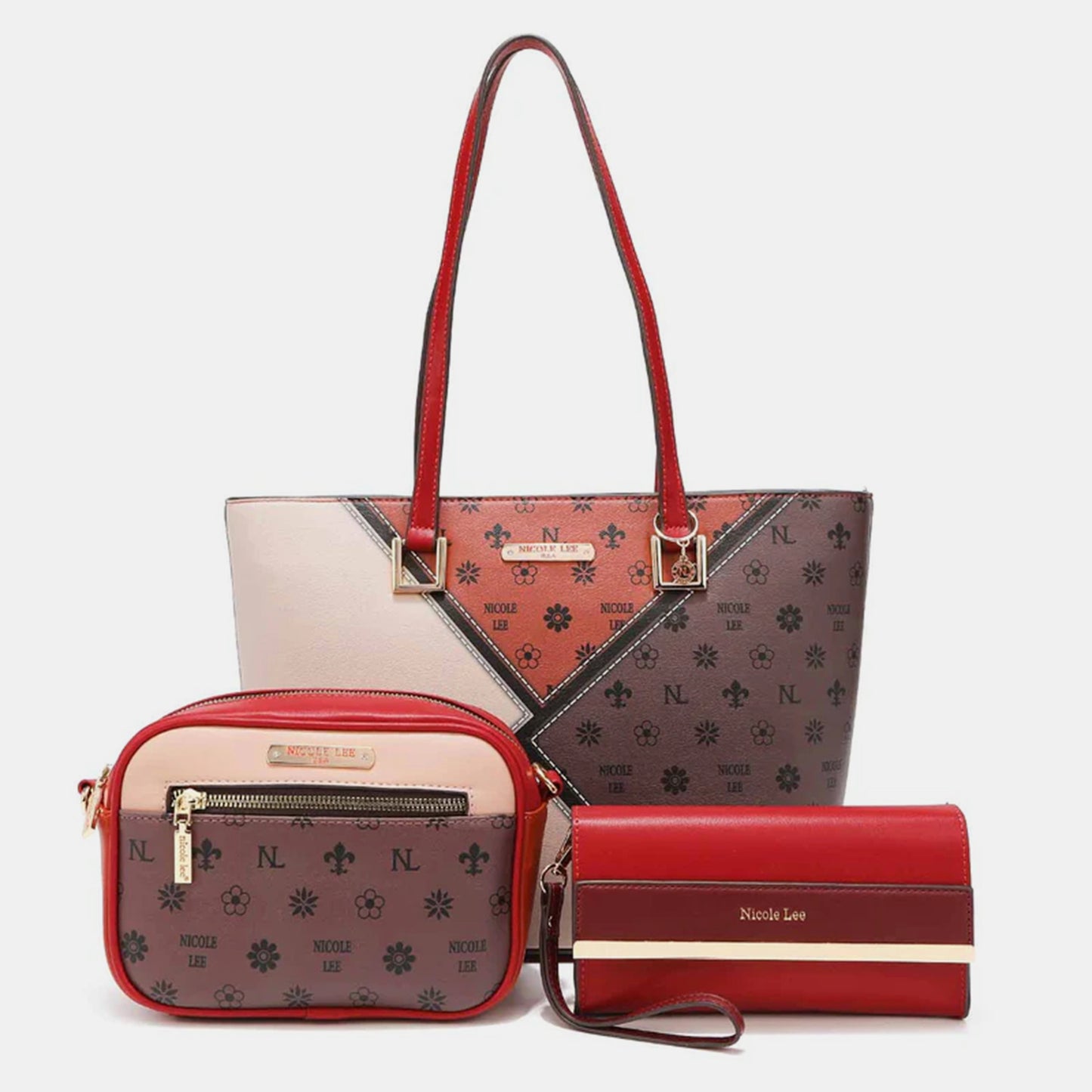 Nicole Lee USA 3-Piece Color Block Handbag Set Trendsi RED