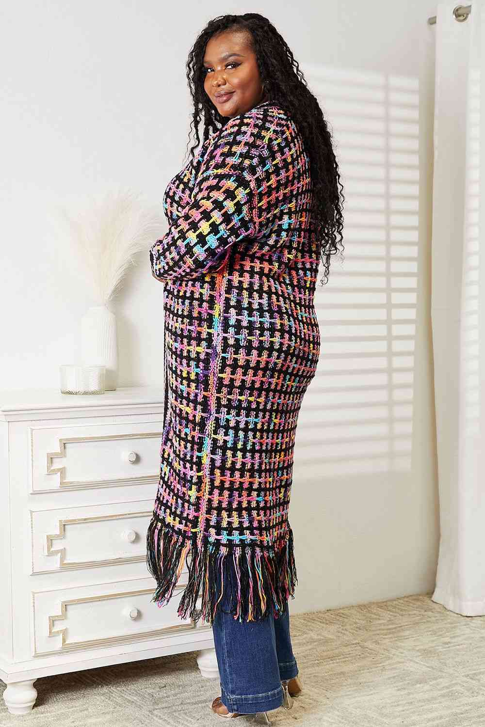 Double Take Full Size Multicolored Open Front Fringe Hem Cardigan Trendsi