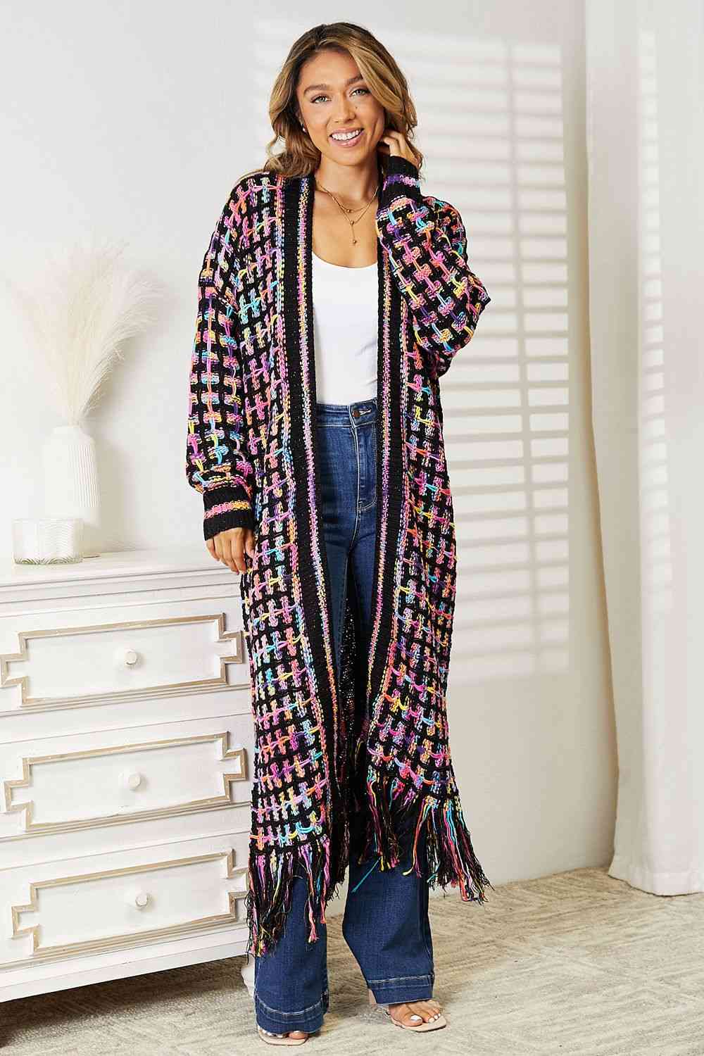 Double Take Full Size Multicolored Open Front Fringe Hem Cardigan Trendsi