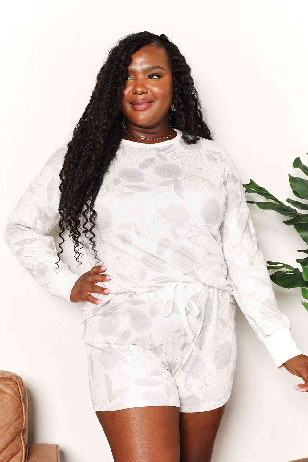 Double Take Floral Long Sleeve Top and Shorts Loungewear Set Jassorted White S