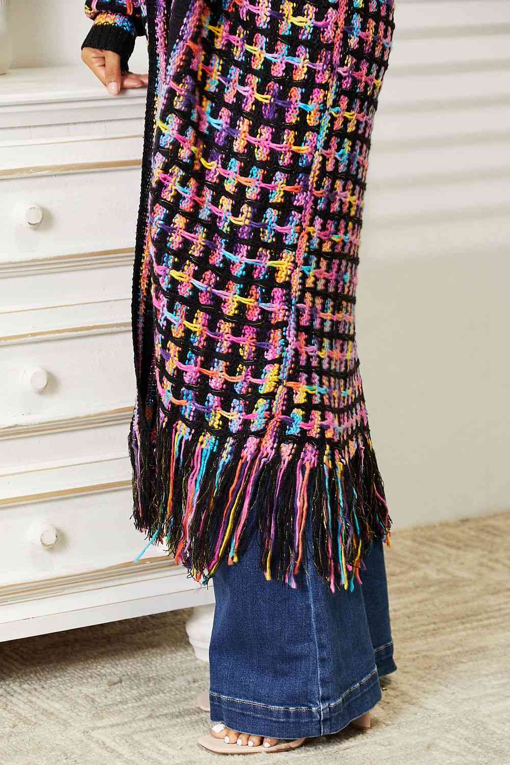 Double Take Full Size Multicolored Open Front Fringe Hem Cardigan Trendsi
