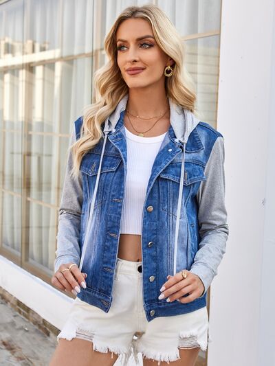 Button Up Detachable Hood Denim Jacket Trendsi