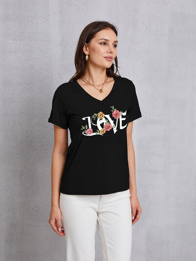 LOVE V-Neck Short Sleeve T-Shirt Trendsi Black S