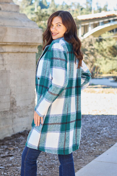 Double Take Plaid Button Up Lapel Collar Coat Jassorted