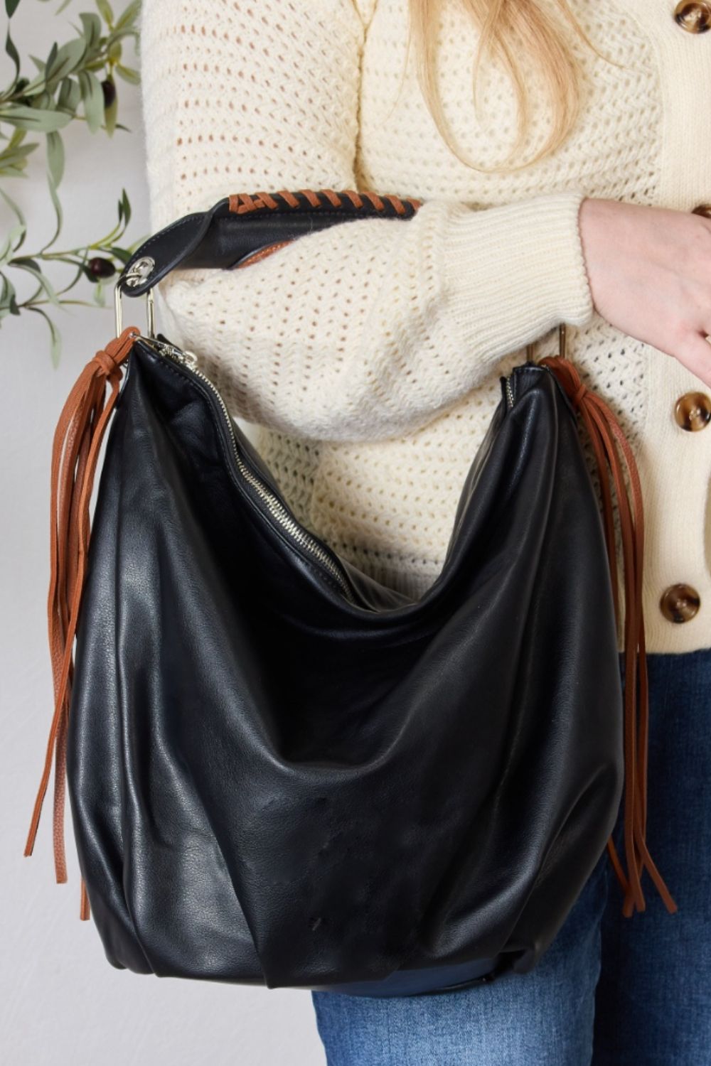 SHOMICO Fringe Detail Contrast Handbag Trendsi BLACK