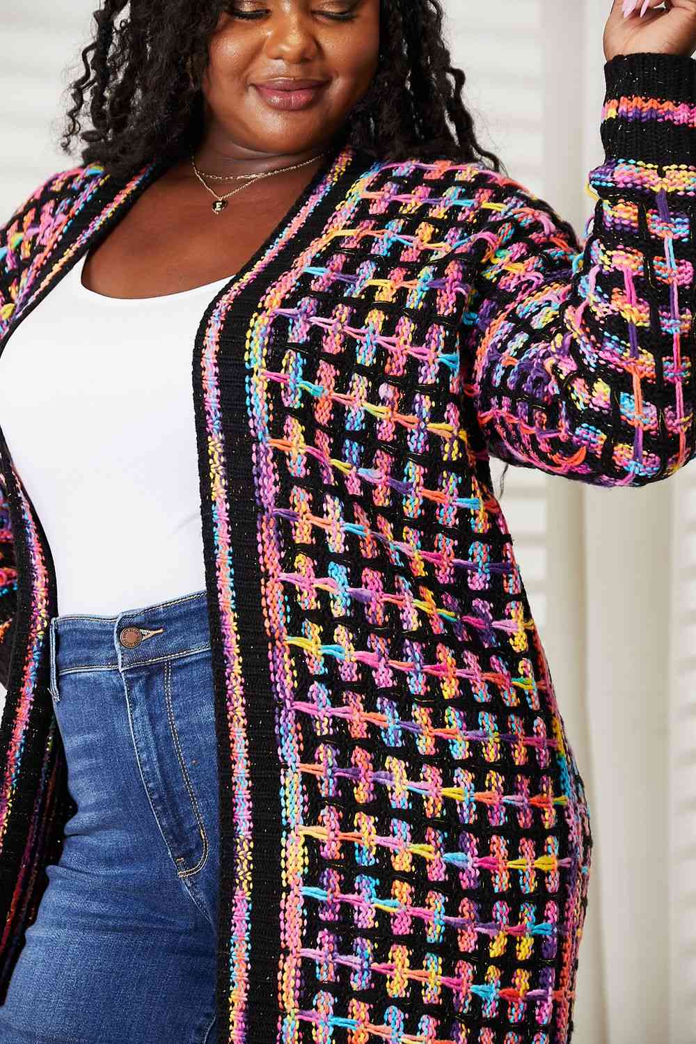 Double Take Full Size Multicolored Open Front Fringe Hem Cardigan Trendsi