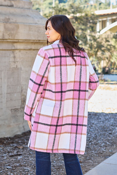 Double Take Plaid Button Up Lapel Collar Coat Jassorted