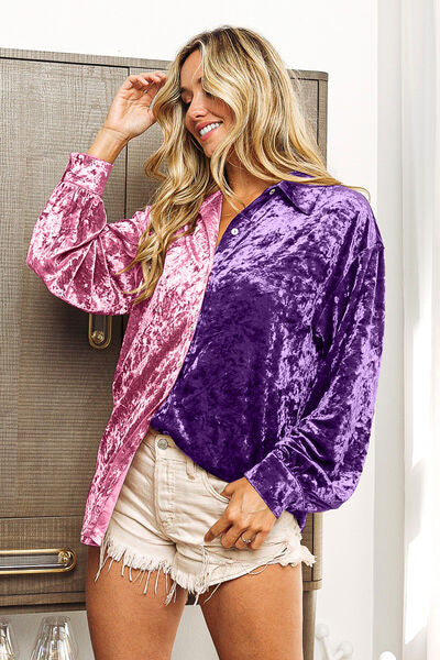 BiBi Contrast Button Up Long Sleeve Shirt Women's Clothing Trendsi