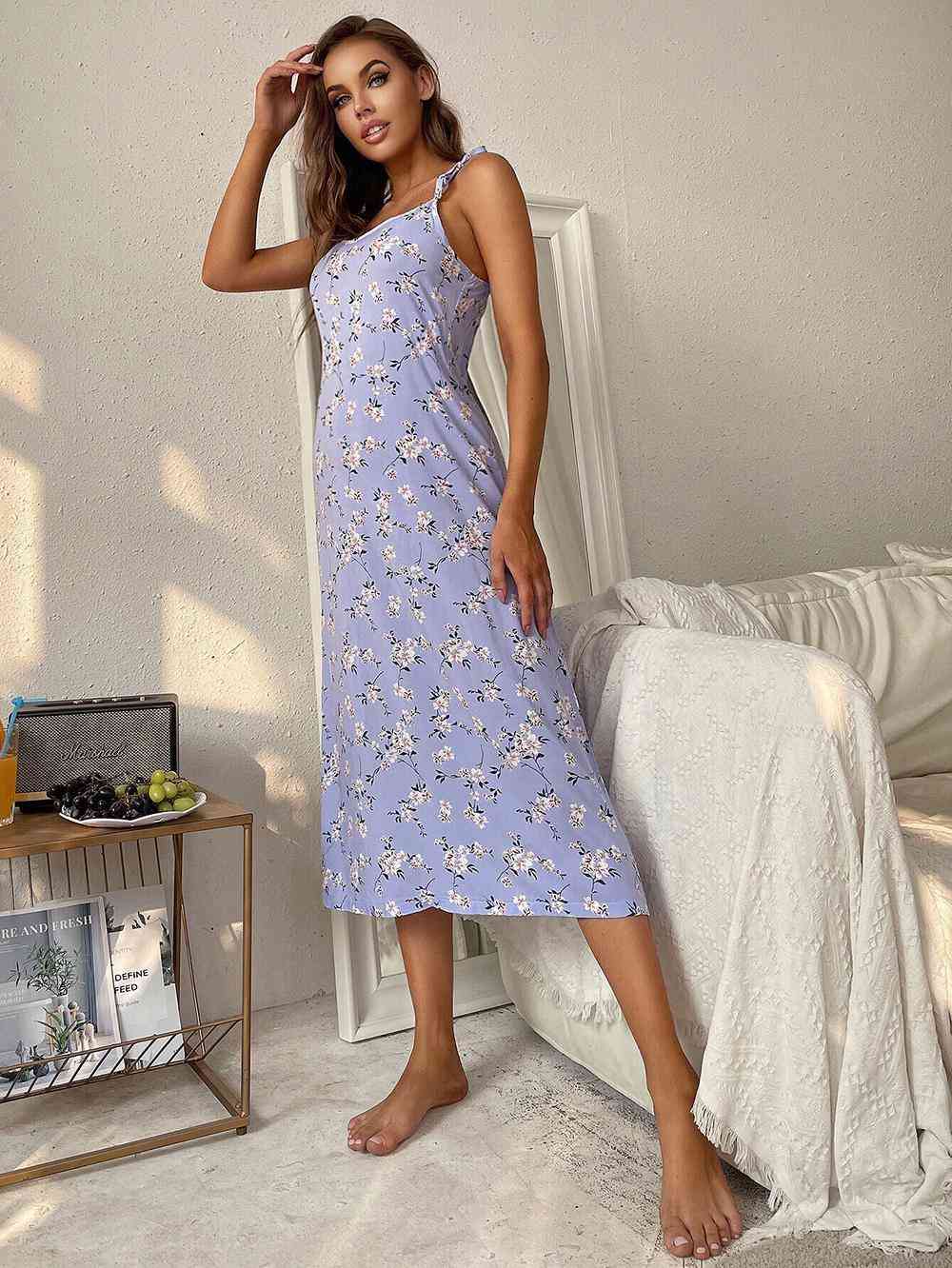 Printed Tie Shoulder Midi Night Dress Jassorted