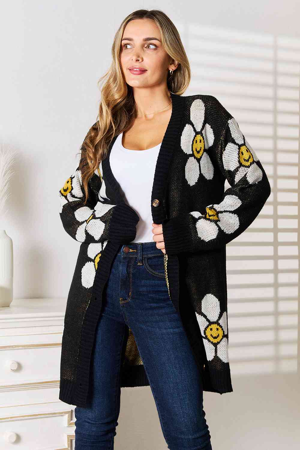 Double Take Floral Button Down Longline Cardigan Jassorted Black S