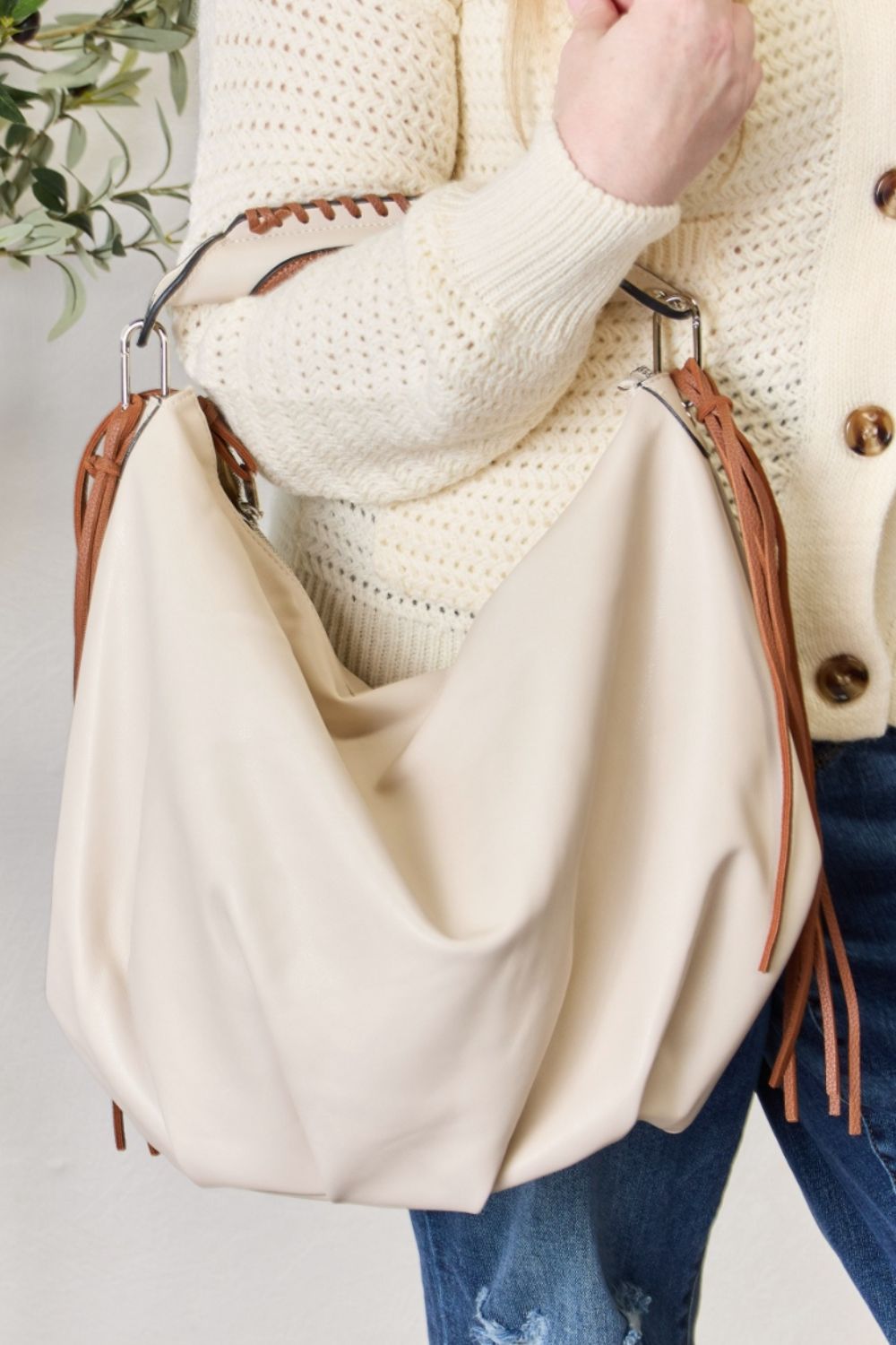 SHOMICO Fringe Detail Contrast Handbag Trendsi BEIGE