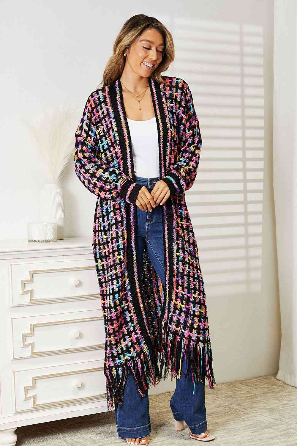 Double Take Full Size Multicolored Open Front Fringe Hem Cardigan Trendsi