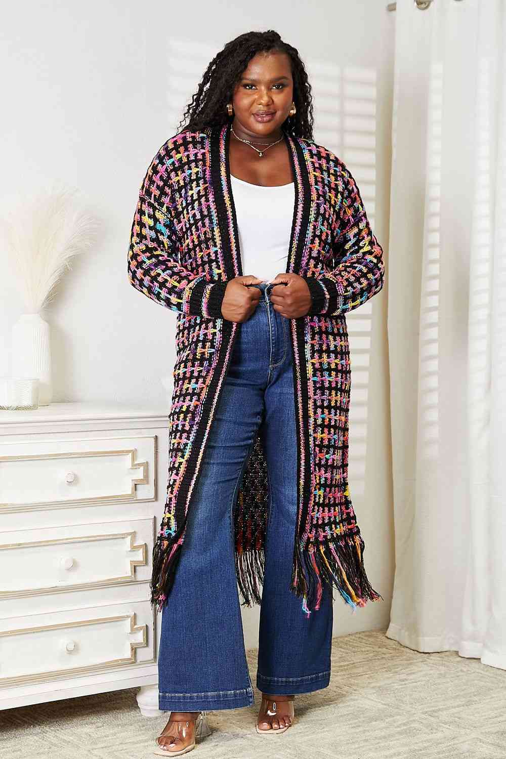 Double Take Full Size Multicolored Open Front Fringe Hem Cardigan Trendsi Multicolor S