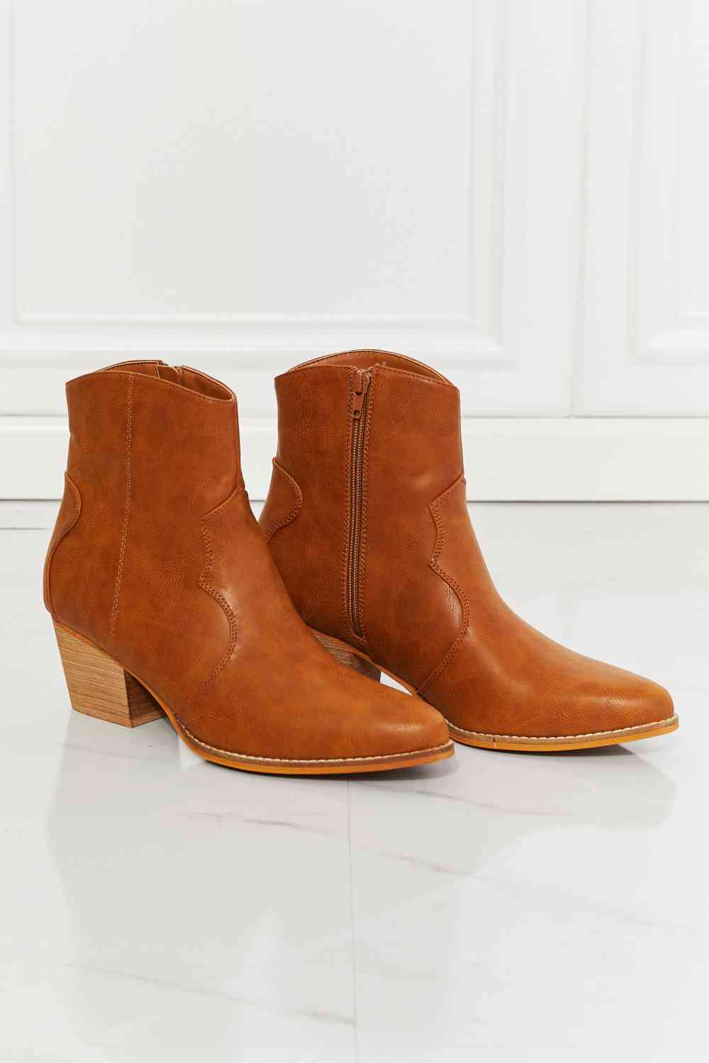 MMShoes Faux Leather Western Ankle Boots in Ochre Trendsi