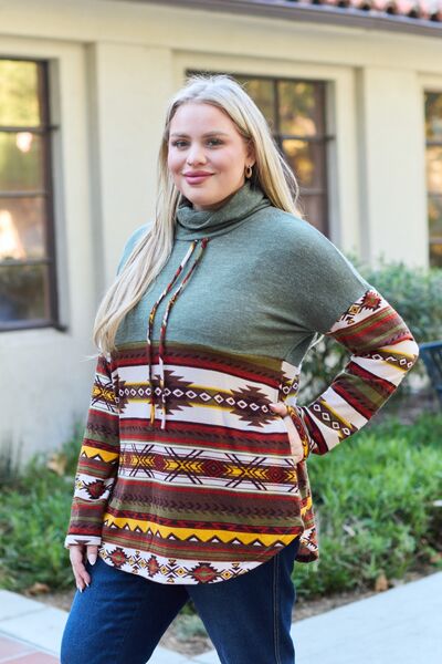 Celeste Design Full Size Geometric Turtleneck Drawstring Knit Top Jassorted