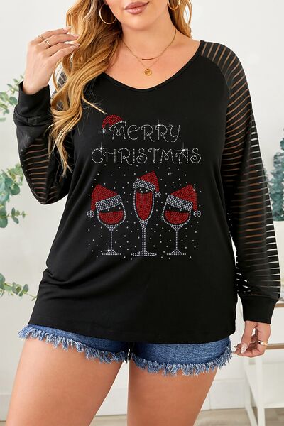 Plus Size Merry Christmas Striped Long Sleeve T-Shirt Other Jassorted Black 1XL
