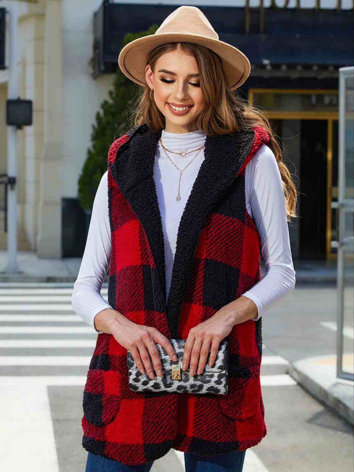 Plaid Hooded Vest Jassorted Deep Red S