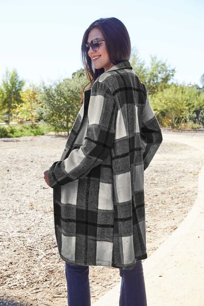 Double Take Plaid Button Up Lapel Collar Coat Jassorted