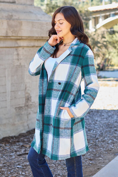 Double Take Plaid Button Up Lapel Collar Coat Jassorted