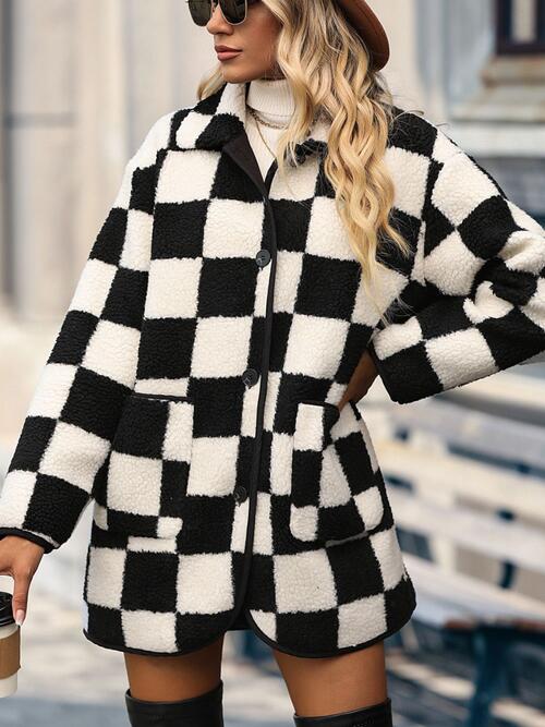 Double Take Full Size Checkered Button Front Coat with Pockets Jassorted