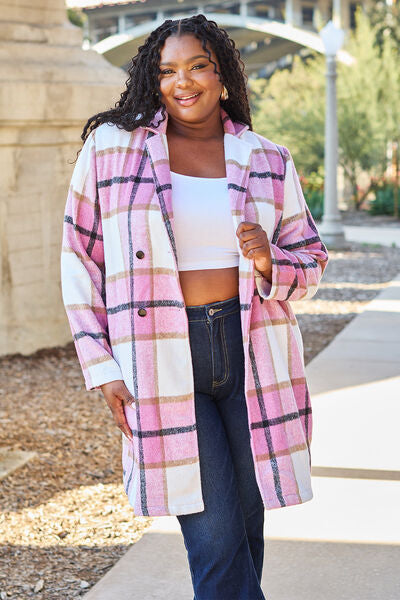 Double Take Plaid Button Up Lapel Collar Coat Jassorted