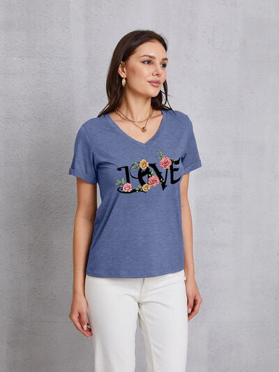 LOVE V-Neck Short Sleeve T-Shirt Trendsi French Blue S