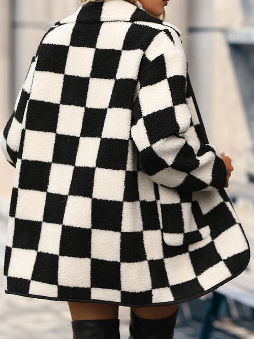 Double Take Full Size Checkered Button Front Coat with Pockets Jassorted
