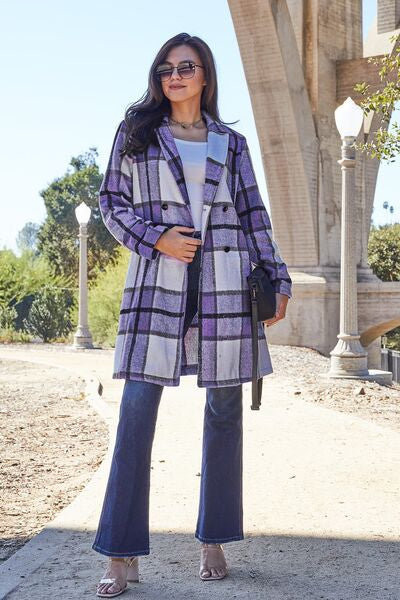 Double Take Plaid Button Up Lapel Collar Coat Jassorted Violet S