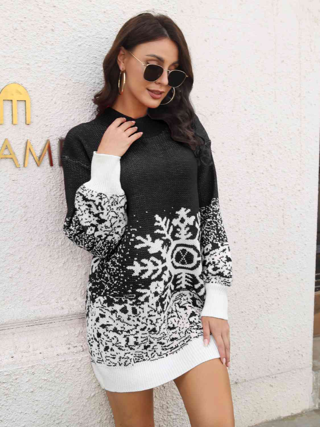 Snowflake Pattern Sweater Dress Jassorted Black S