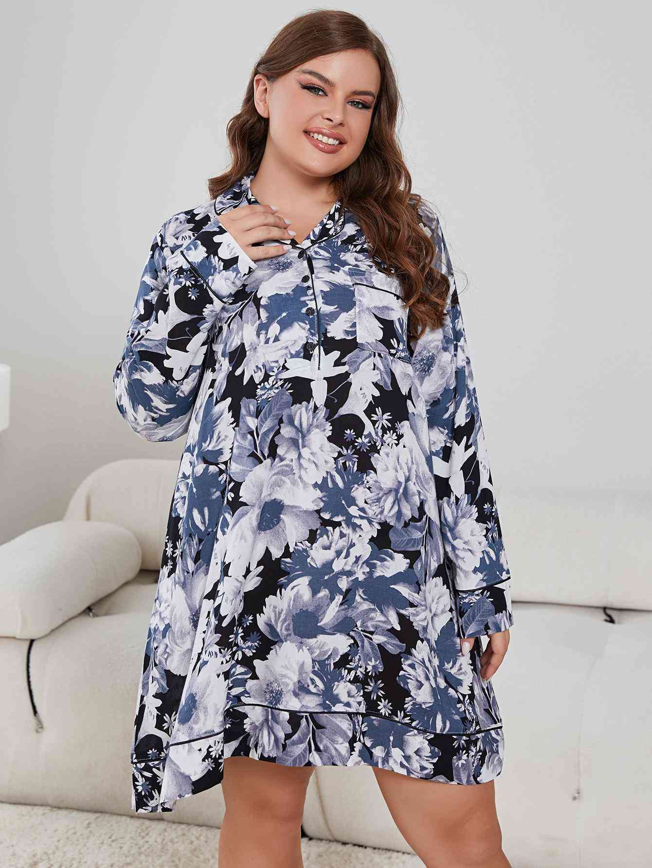 Plus Size Floral Lapel Collar Long Sleeve Night Dress Jassorted Multi 1XL