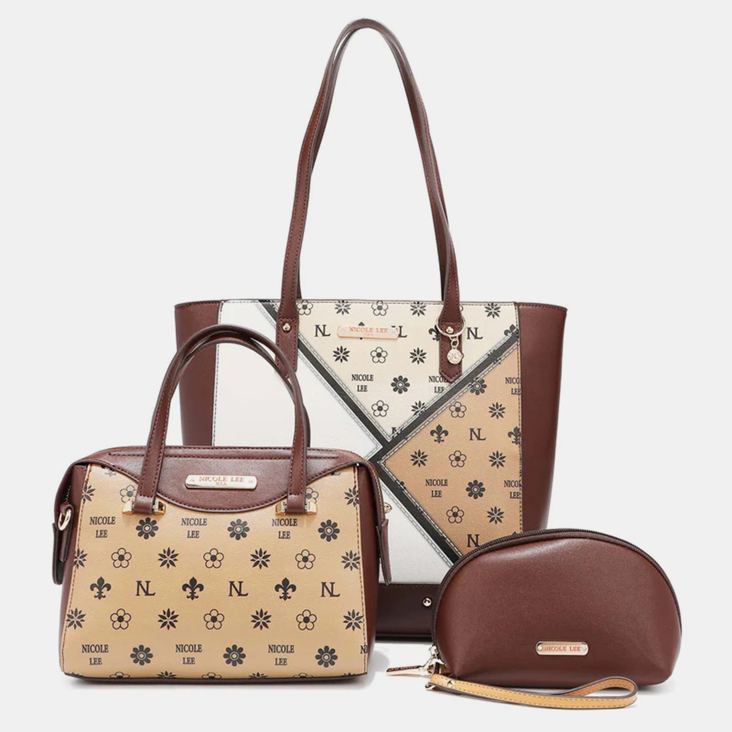 Nicole Lee USA 3-Piece Color Block Handbag Set Trendsi TAN