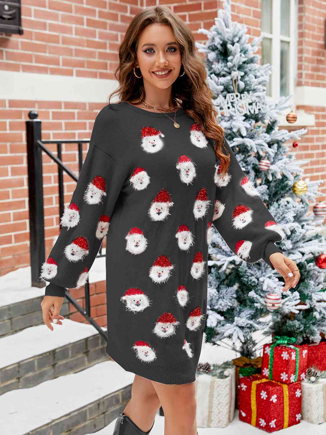 Round Neck Dropped Shoulder Sweater Dress Jassorted