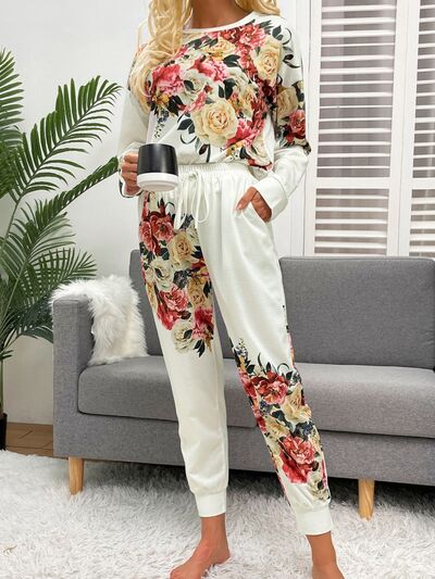 Printed Top and Drawstring Pants Lounge Set Trendsi White XS