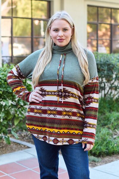 Celeste Design Full Size Geometric Turtleneck Drawstring Knit Top Jassorted
