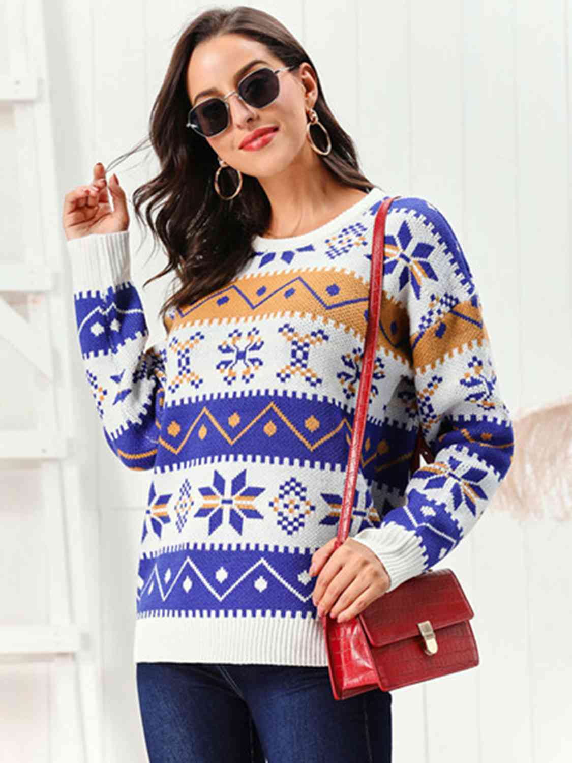 Snowflake Pattern Round Neck Sweater Jassorted White S