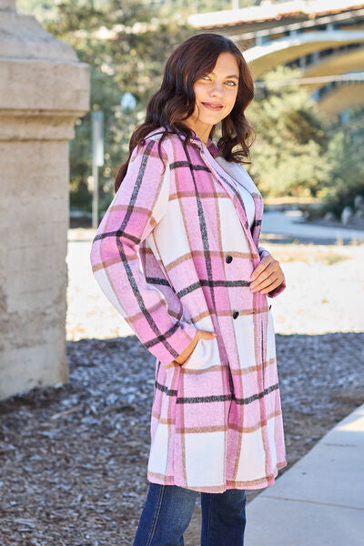 Double Take Plaid Button Up Lapel Collar Coat Jassorted