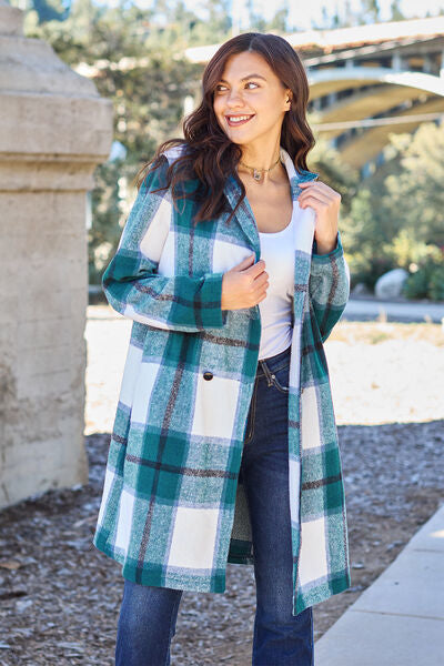 Double Take Plaid Button Up Lapel Collar Coat Jassorted French Blue S