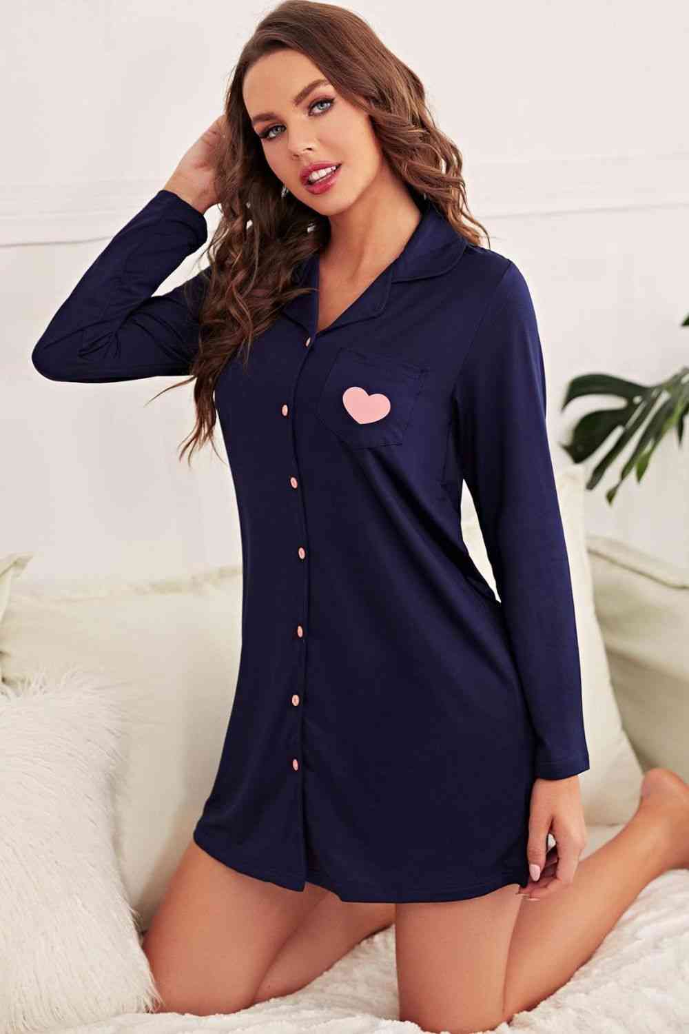 Heart Graphic Lapel Collar Night Shirt Dress Jassorted