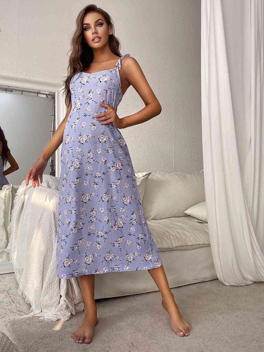 Printed Tie Shoulder Midi Night Dress Jassorted Blue S