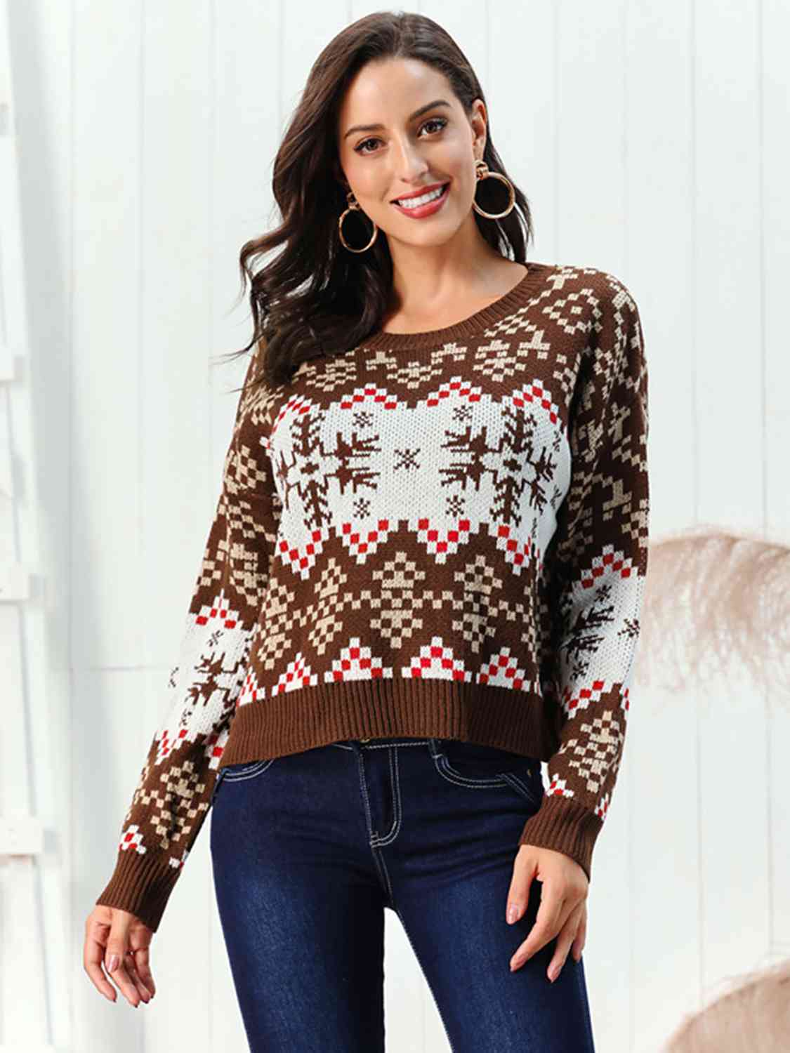 Snowflake Pattern Round Neck Sweater Jassorted Chestnut S