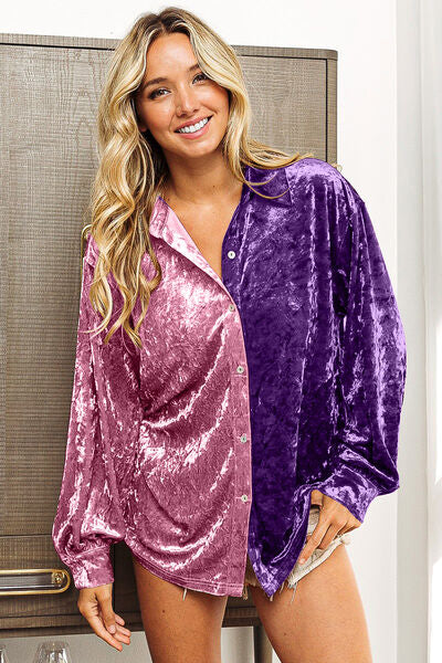 BiBi Contrast Button Up Long Sleeve Shirt Women's Clothing Trendsi
