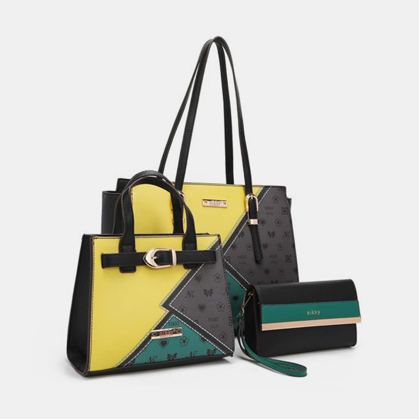 Nicole Lee USA 3-Piece Mustard Color Block Handbag Set Trendsi