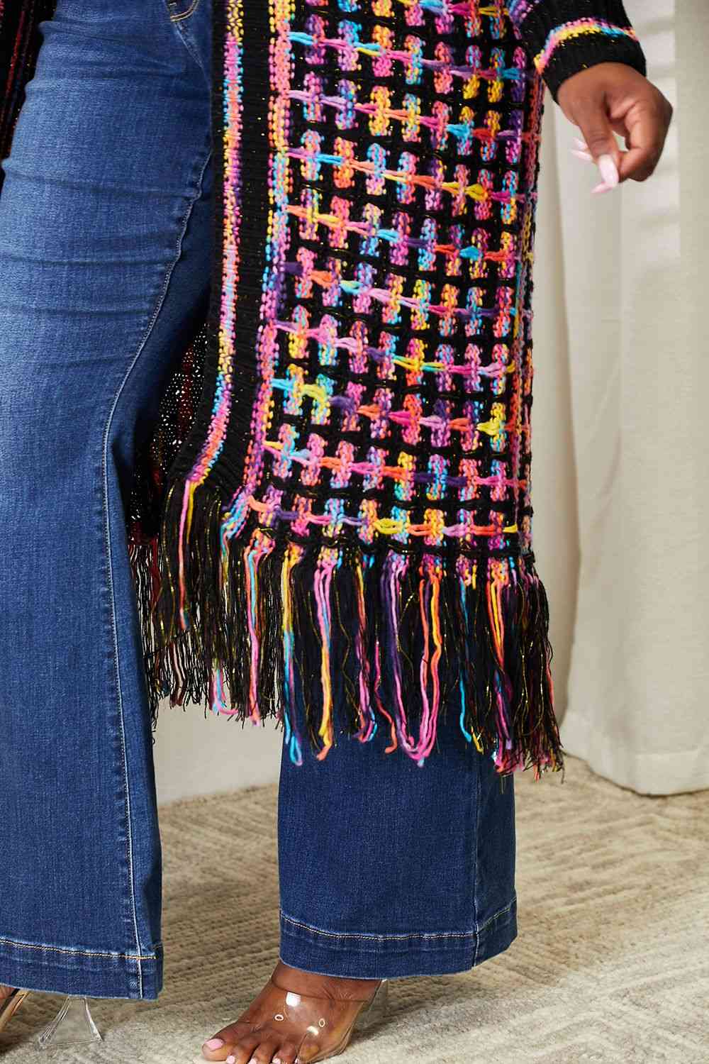Double Take Full Size Multicolored Open Front Fringe Hem Cardigan Trendsi