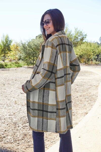 Double Take Plaid Button Up Lapel Collar Coat Jassorted