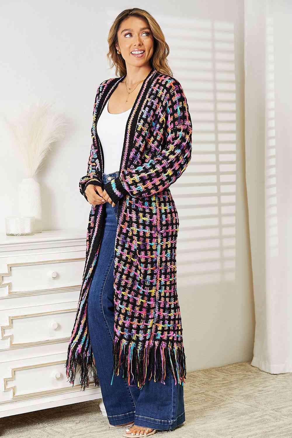 Double Take Full Size Multicolored Open Front Fringe Hem Cardigan Trendsi