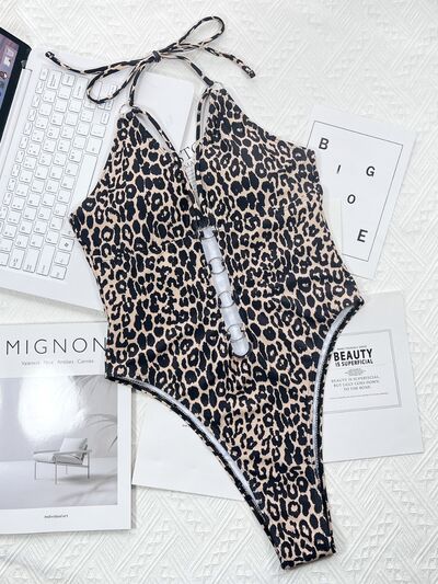 Leopard Cutout Halter Neck One-Piece Trendsi