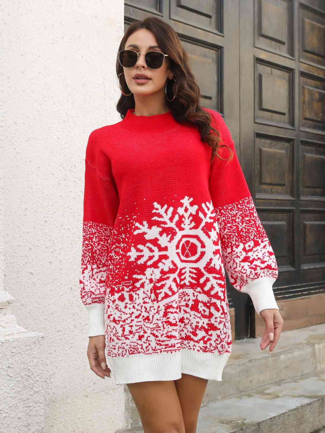 Snowflake Pattern Sweater Dress Jassorted Red S