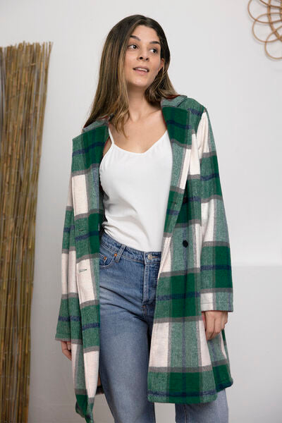 Double Take Plaid Button Up Lapel Collar Coat Jassorted Green S