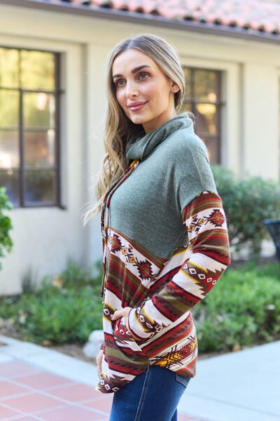 Celeste Design Full Size Geometric Turtleneck Drawstring Knit Top Jassorted